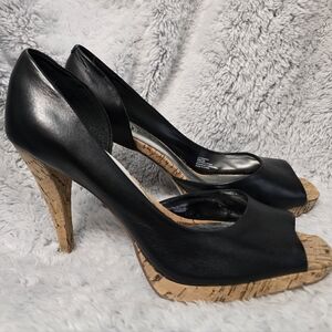 Black Peep-Toe Heels with Cork Detail